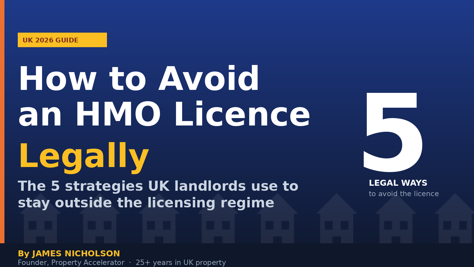 How to Avoid an HMO Licence Legally — title image showing the 5 legal ways UK landlords stay outside HMO licensing, by James Nicholson